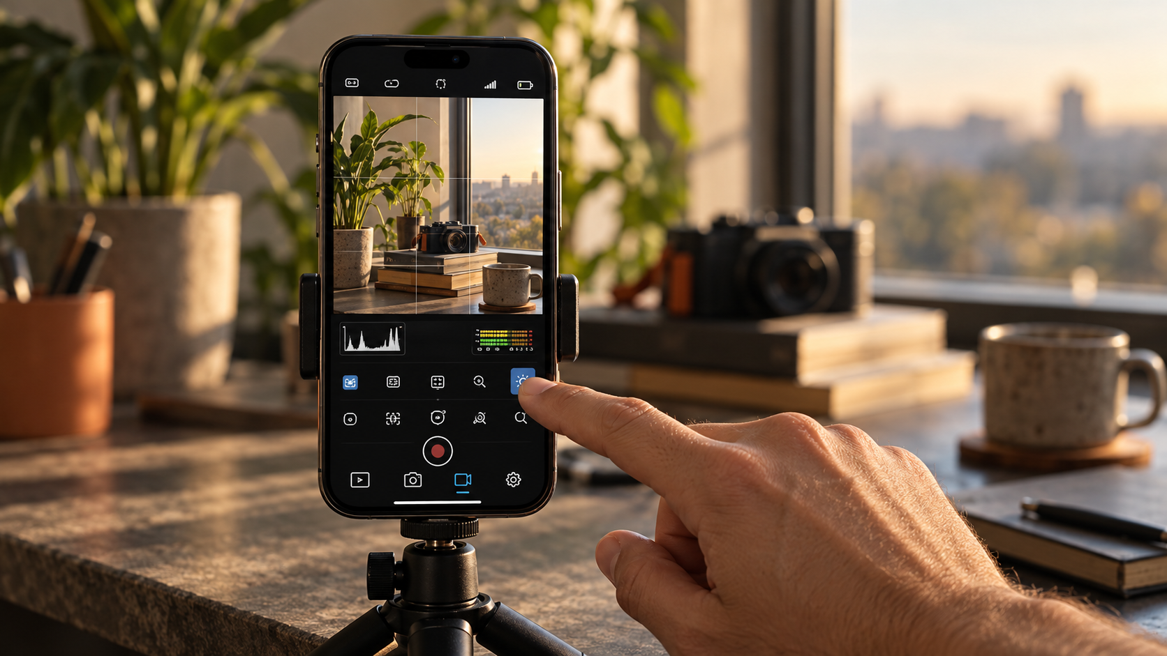 Illustration of a hand adjusting a phone camera on a small tripod beside a sunlit window