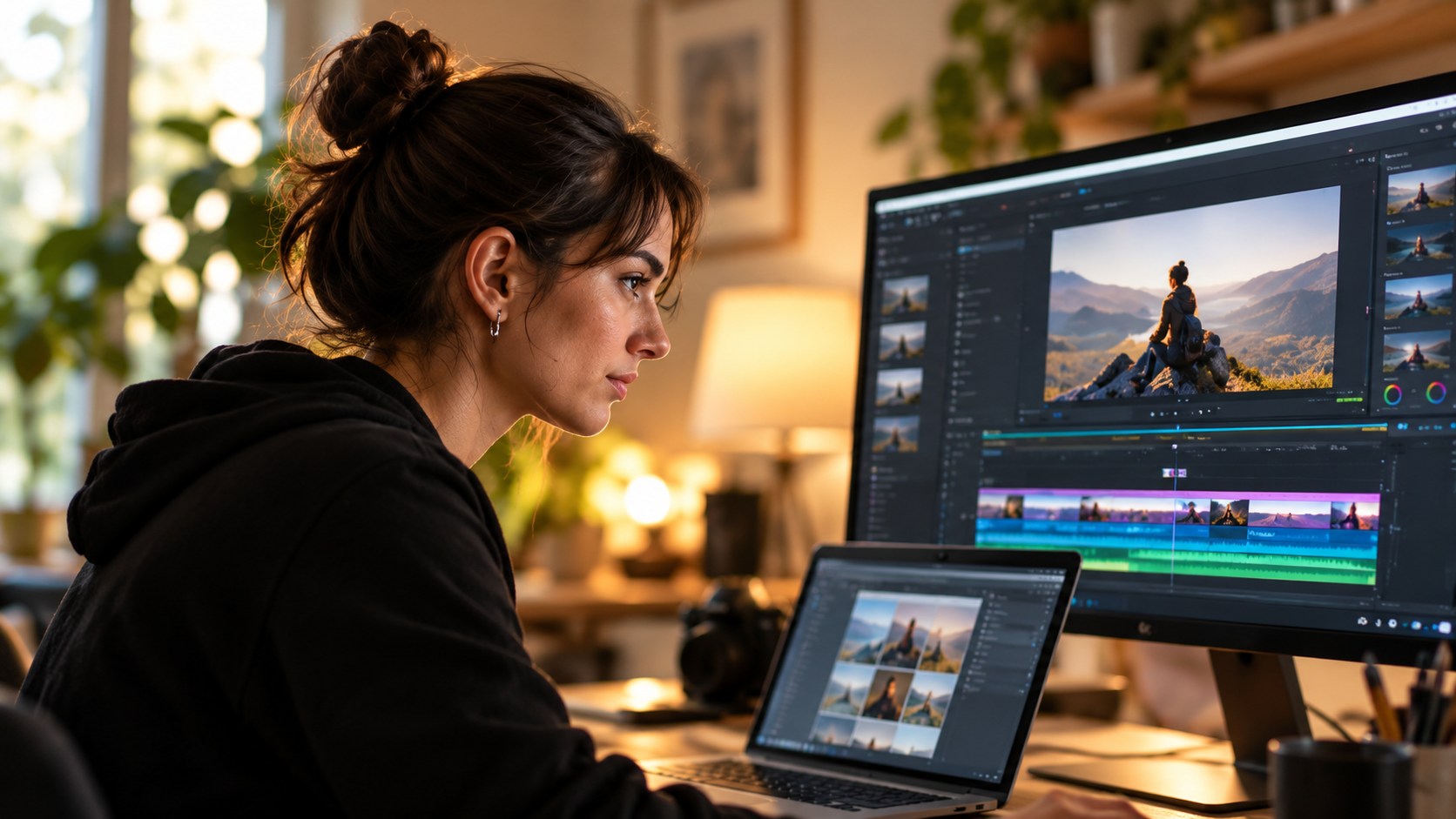Creator editing footage in DaVinci Resolve at a desk